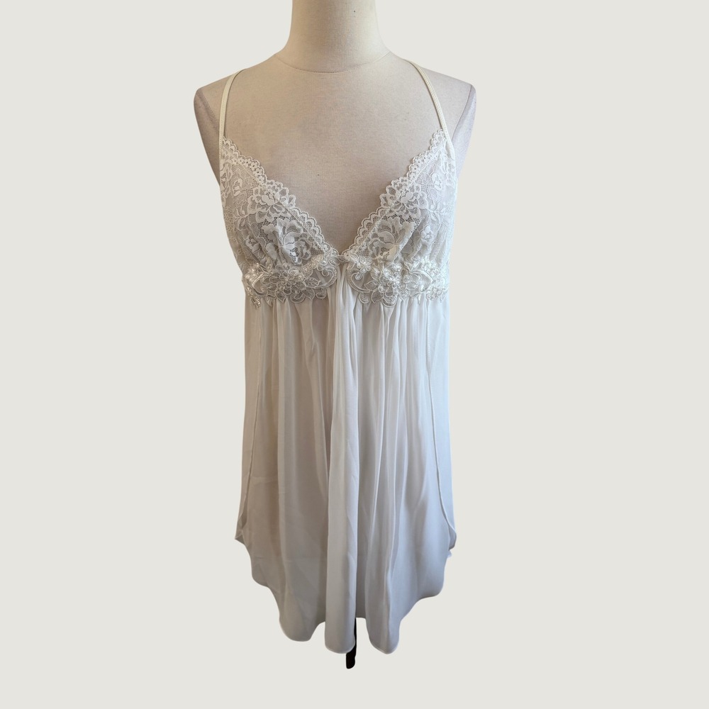 Linea Donatella ivory  Lace Sheer Babydoll Chemise Lingerie beaded Nightgown